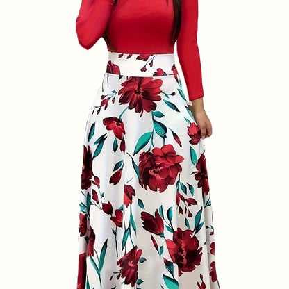 Elegant Floral Maxi Dress: Comfort-Fit, Crew Neck, Easy-Care, Perfect for Spring/Fall - Chic & Durable