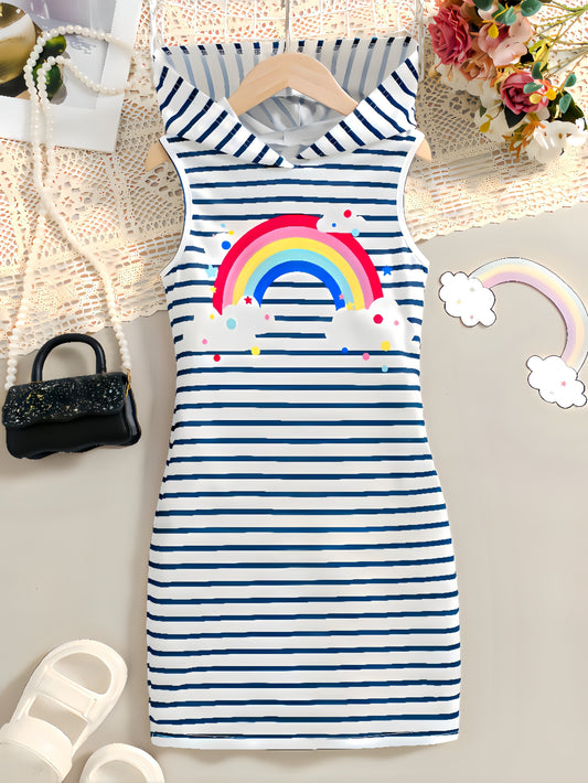 Rainbow Stripe Midi Hooded Dress for Girls - Sleeveless, Slight Stretch, Cute, Applique Details - Perfect Summer Casual Wear, Machine Washable, Polyester Fabric