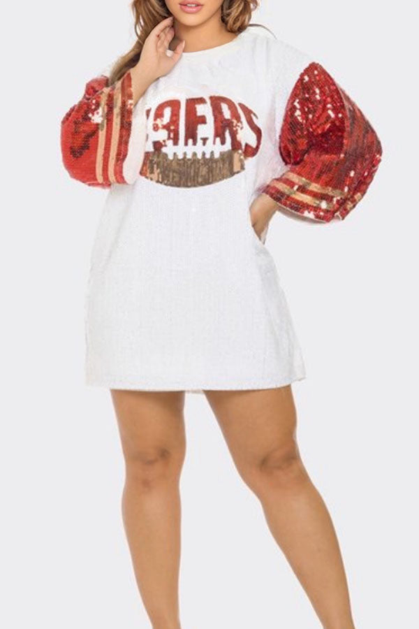 Letter Sequined Oversized Round Neck Mini Dress