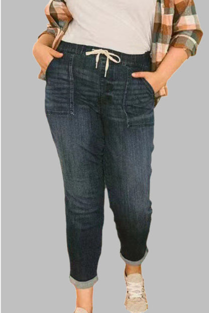 lovwvol  - Baby Blue Casual Solid Make Old Patchwork Draw String Mid Waist Straight Denim Jeans