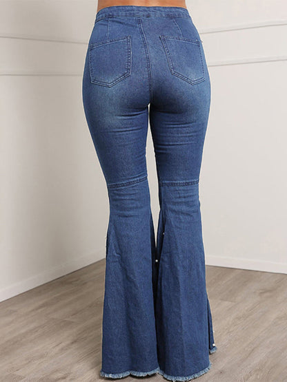 lovwvol  - Blue Casual Buckle Beading Mid Waist Regular Denim Jeans