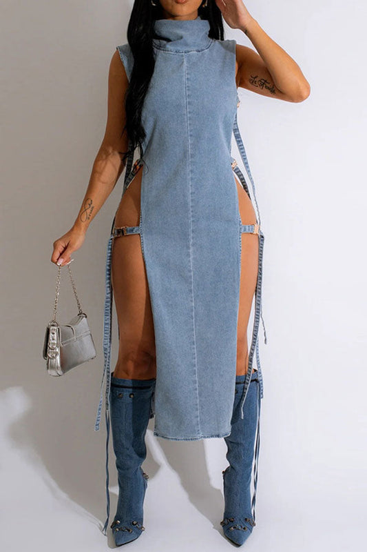 Solid Color Party Buckled Design Denim Midi Dress