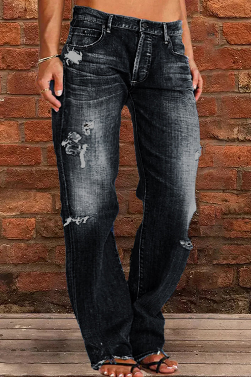 lovwvol  - Black Casual Street Patchwork Ripped Straight Denim Jeans