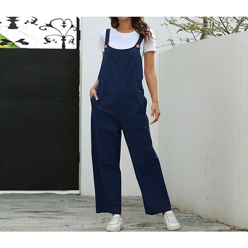 Women's Vintage Athleisure Overalls Rompers Pocket Full Length Pants Casual Weekend Micro-elastic Solid Color 30% Cotton Breathable Mid Waist White Black Orange Navy Blue S M L XL XXL