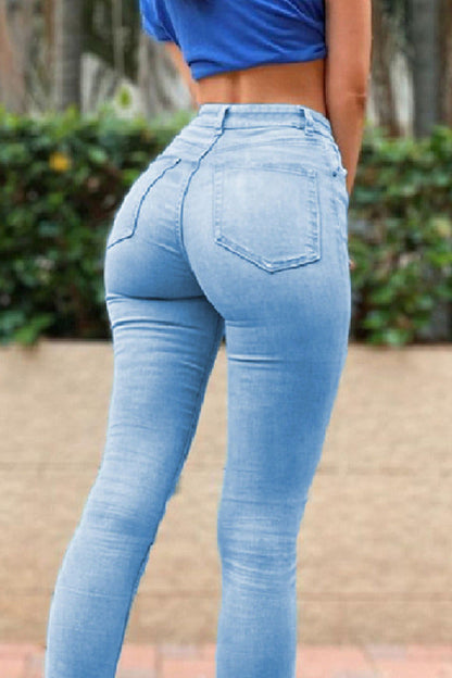 lovwvol  - Baby Blue Casual Solid Patchwork High Waist Denim Jeans