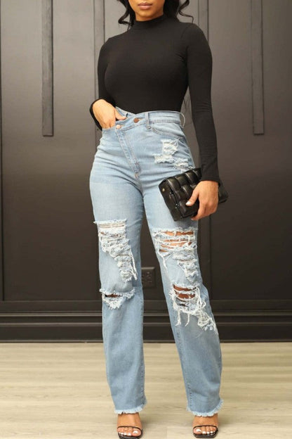 lovwvol  - Blue Casual Solid Ripped Patchwork High Waist Regular Denim Jeans