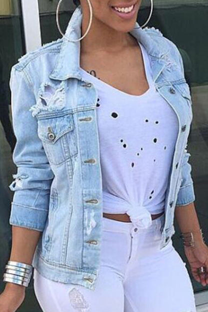 lovwvol  - Light Blue Casual Solid Ripped Turndown Collar Long Sleeve Regular Denim Jacket