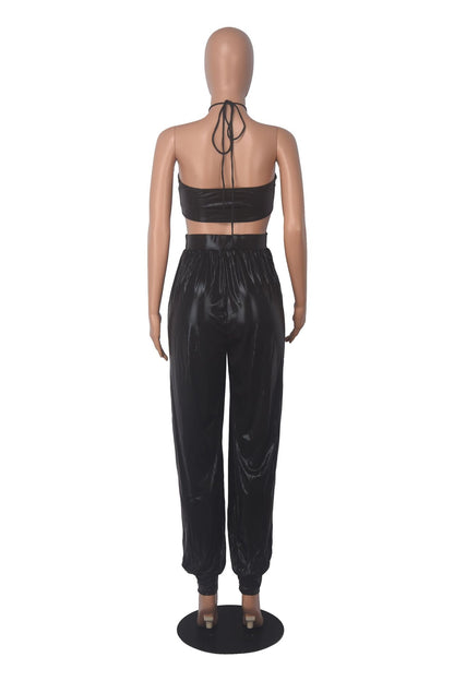 fashion sexy wrap chest hollow Low Back tie pu Jumpsuit for women