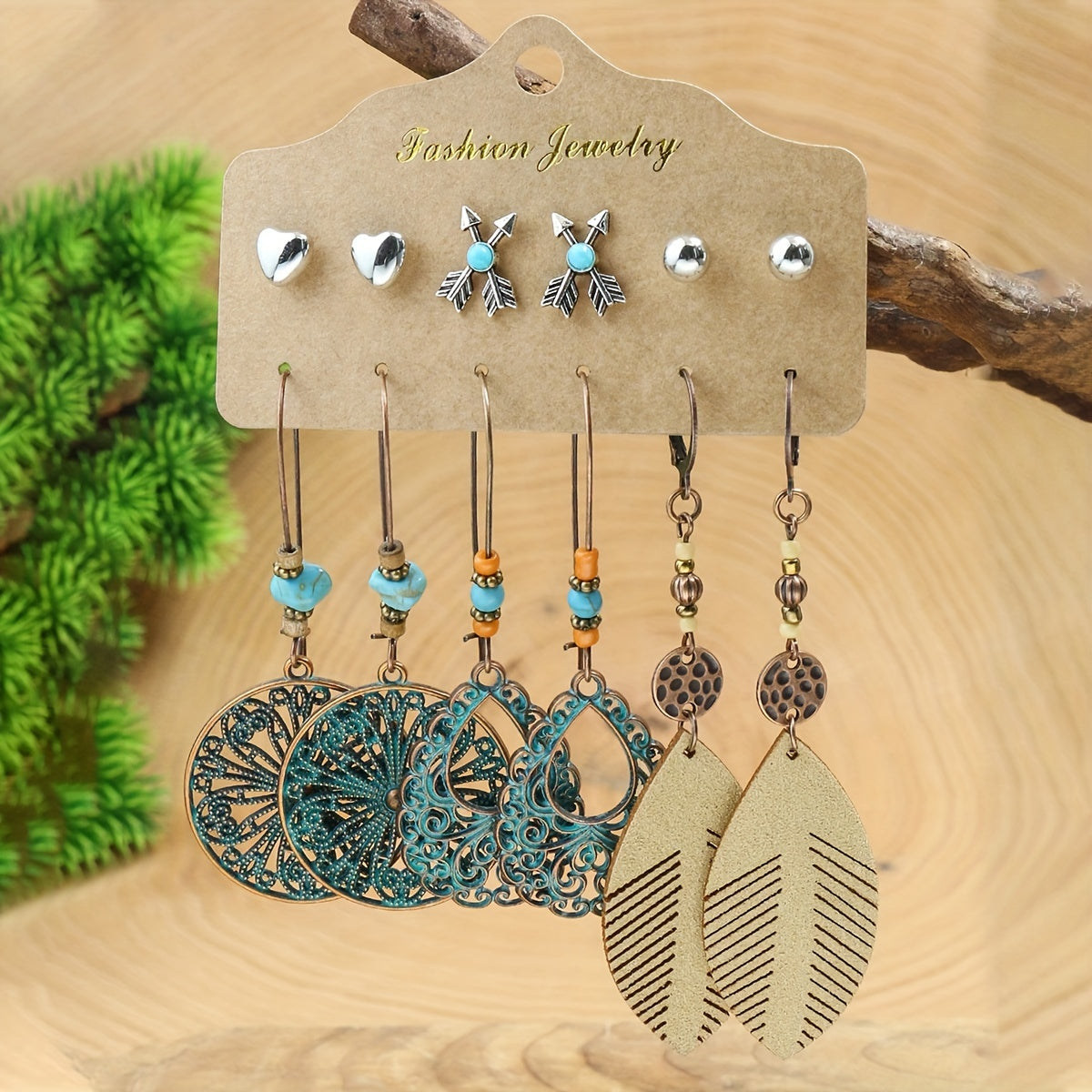 24-Pair Bohemian Earring Set - Turquoise Inlaid Studs & Dangles - Fashion-Forward Design for Holiday Glam