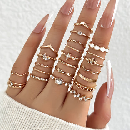 Elegant & Trendy 23pc Mix & Match Ring Set - Geometric, Moon & Star Designs with Rhinestone and White Drip Oil Accents