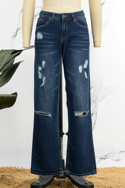 lovwvol  - Blue Casual Solid Ripped Patchwork Mid Waist Regular Denim Jeans