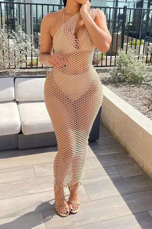 Solid Color Casual Fishnet See-Through Maxi Dress Beachwear