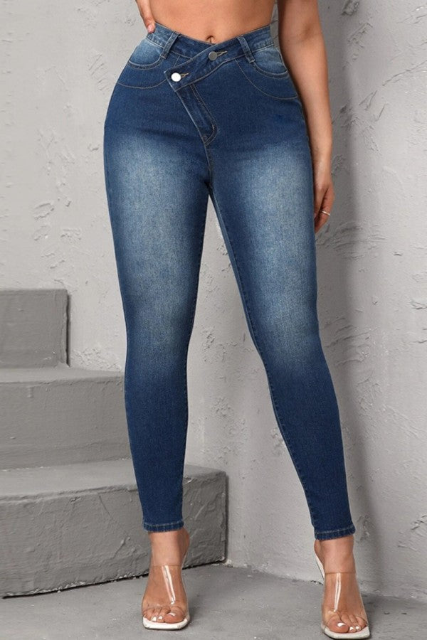 lovwvol  - Deep Blue Casual Solid Patchwork High Waist Skinny Denim Jeans