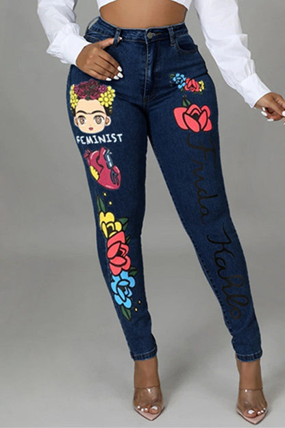 lovwvol  - Light Blue Fashion Casual Print Patchwork Mid Waist Skinny Denim Jeans