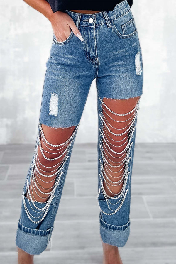 lovwvol  - Light Blue Street Solid Ripped Chains Loose Denim Jeans