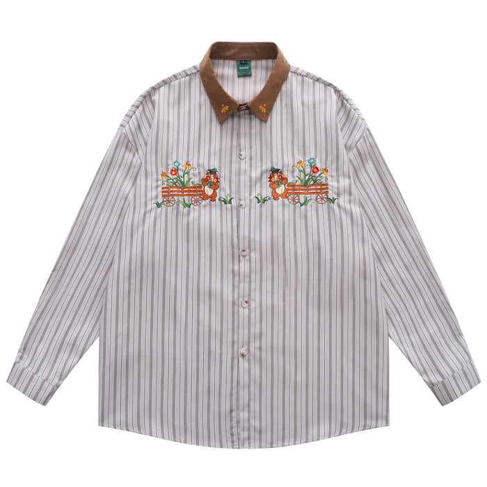 Bear Embroidery Striped Shirt