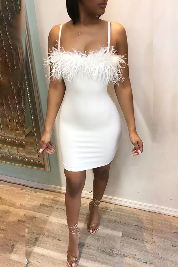 Solid Color Feather Elegant Bodycon Mini Dress