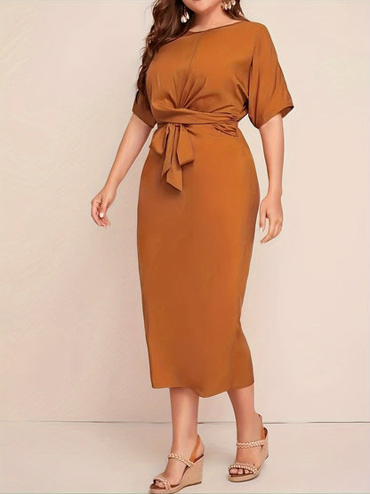 Chic All-Season Elegance: Durable Knit, Non-Sheer Solid Color Dress with Crew Neck, Half-Sleeves, and Flattering Tie Waist