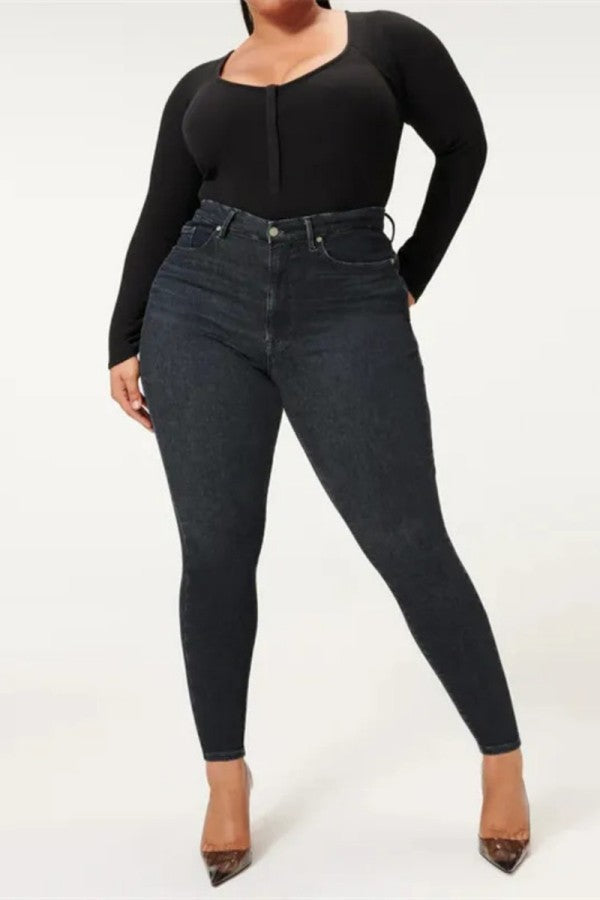 lovwvol  - Black Casual Solid Patchwork High Waist Skinny Denim Jeans