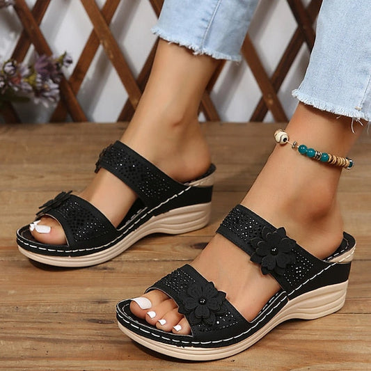 Women's Sandals Boho Bohemia Beach Wedge Sandals Comfort Shoes Outdoor Daily Beach Summer Flower Wedge Heel Round Toe Open Toe Casual Minimalism Walking Shoes PU Leather Faux Leather Loafer Solid