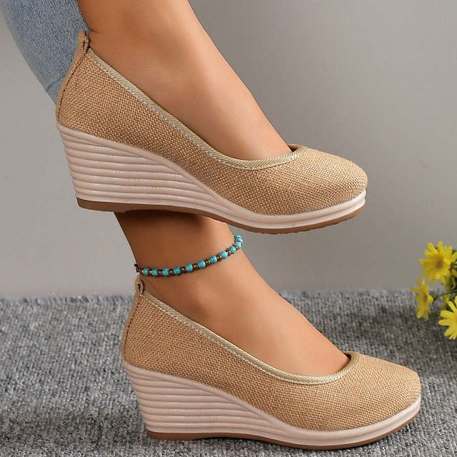 Women's Heels Wedge Heels Espadrilles Comfort Shoes Outdoor Daily Summer Wedge Heel Round Toe Elegant Casual Comfort Canvas Loafer Solid Color White flat Black flat Black