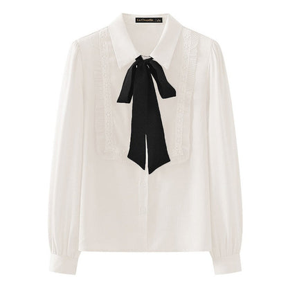 Good Manners Ruffle Bow Tie Neck Shirt