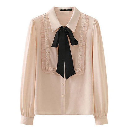 Good Manners Ruffle Bow Tie Neck Shirt