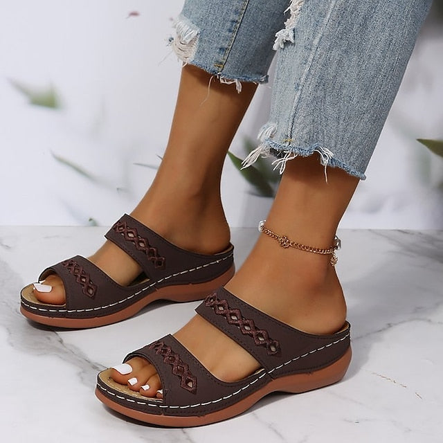 Women's Sandals Slippers Wedge Sandals Comfort Shoes Comfort Sandals Casual Daily Beach Summer Spring Cut Out Embroidery Wedge Heel Round Toe Casual Minimalism Synthetics Loafer Solid Colored Wine