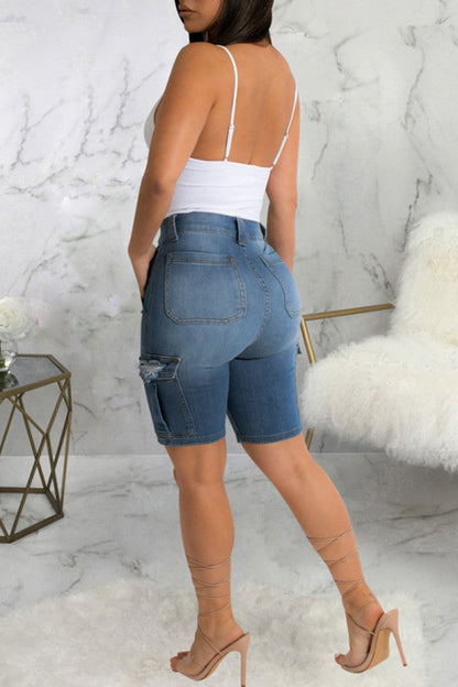 lovwvol  - Blue Fashion Casual Patchwork Ripped High Waist Regular Denim Jeans