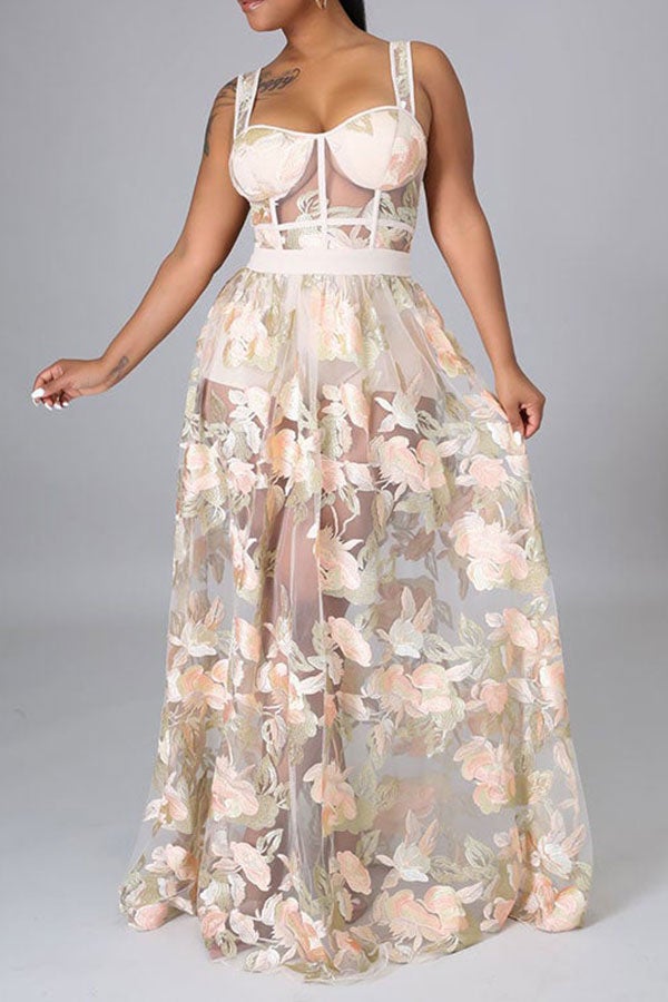 Floral Embroidery Glamorous See-Through Maxi Dress