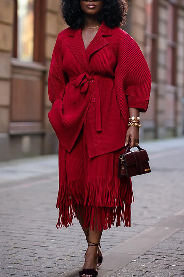 Solid Color Pleated Chic Belted Tassel Dress Suit