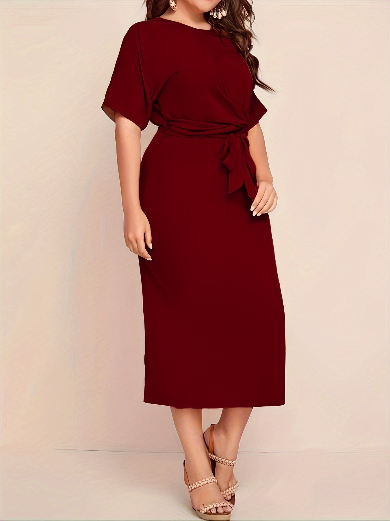 Chic All-Season Elegance: Durable Knit, Non-Sheer Solid Color Dress with Crew Neck, Half-Sleeves, and Flattering Tie Waist