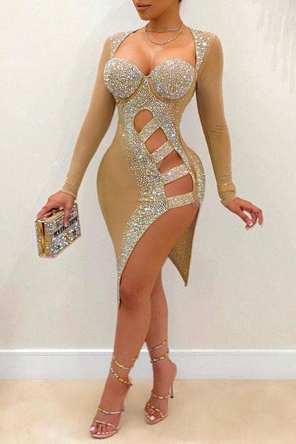 Rhinestone Striking Irregular Cut Out Mini Dress