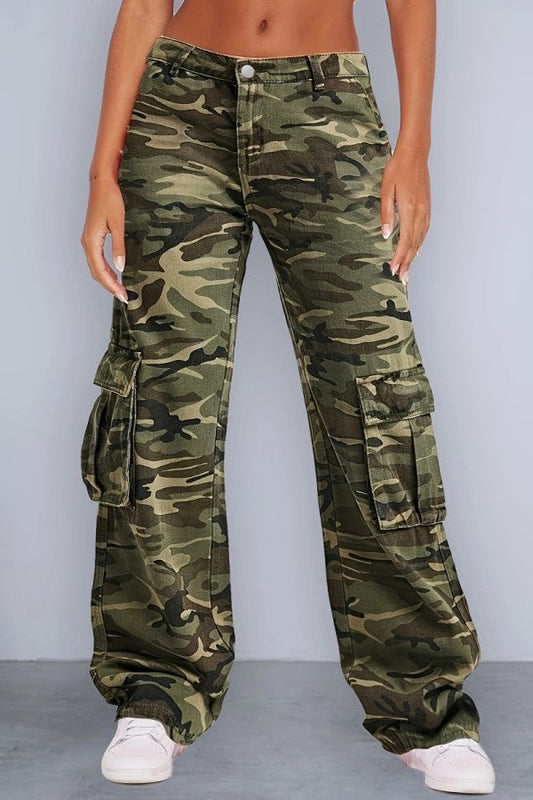 lovwvol  - Army Green Casual Camouflage Print Patchwork Mid Waist Denim Jeans