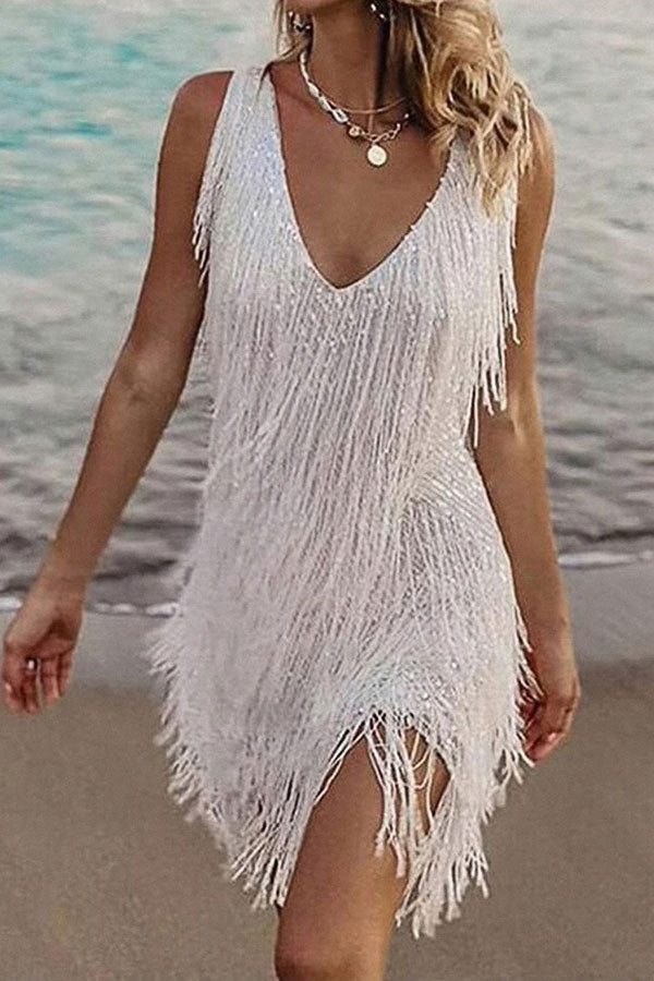 Solid Color Girly Tassel Mini Dress