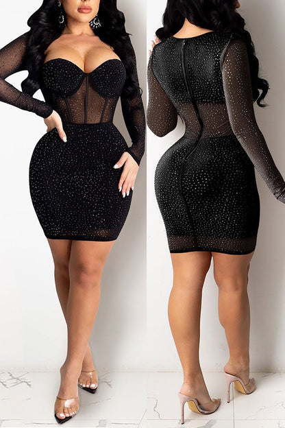 Rhinestone Glittery See-Through Mini Dress