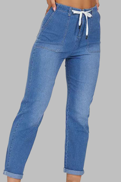 lovwvol  - Baby Blue Casual Solid Make Old Patchwork Draw String Mid Waist Straight Denim Jeans