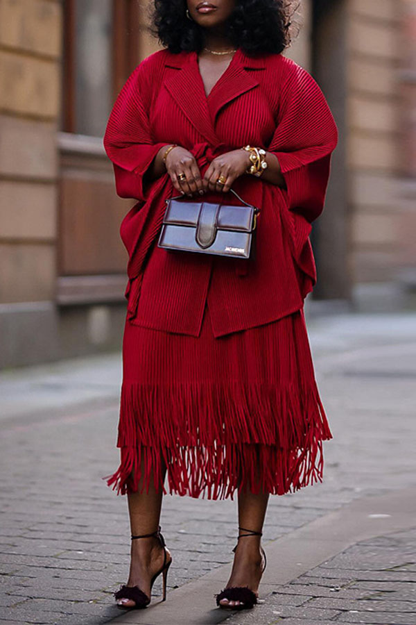 Solid Color Pleated Chic Belted Tassel Dress Suit