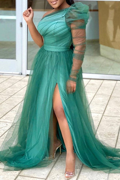 Solid Color One Shoulder Elegant Split Swing Tulle Maxi Dress