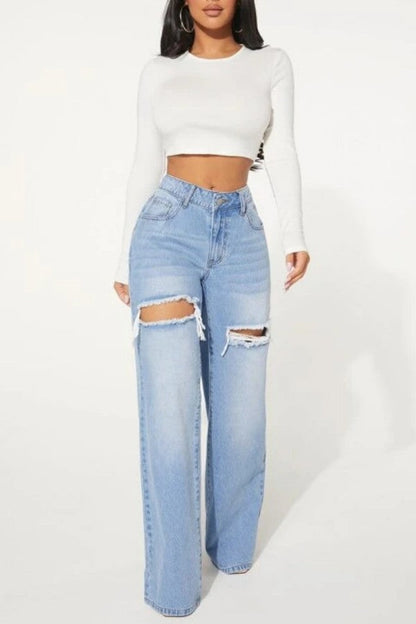 lovwvol  - Baby Blue Casual Solid Ripped High Waist Straight Denim Jeans (Subject To The Actual Object)