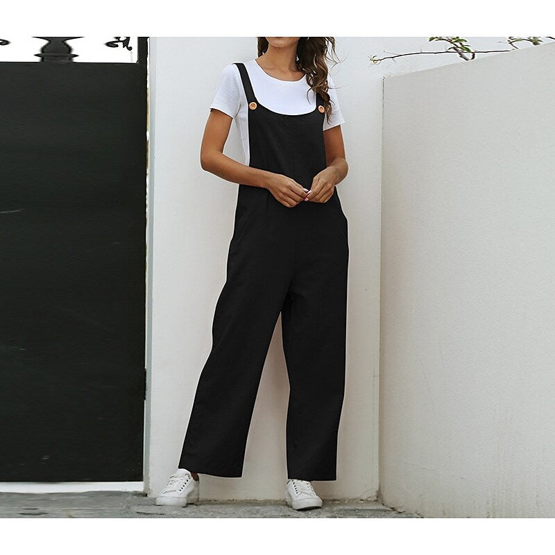 Women's Vintage Athleisure Overalls Rompers Pocket Full Length Pants Casual Weekend Micro-elastic Solid Color 30% Cotton Breathable Mid Waist White Black Orange Navy Blue S M L XL XXL