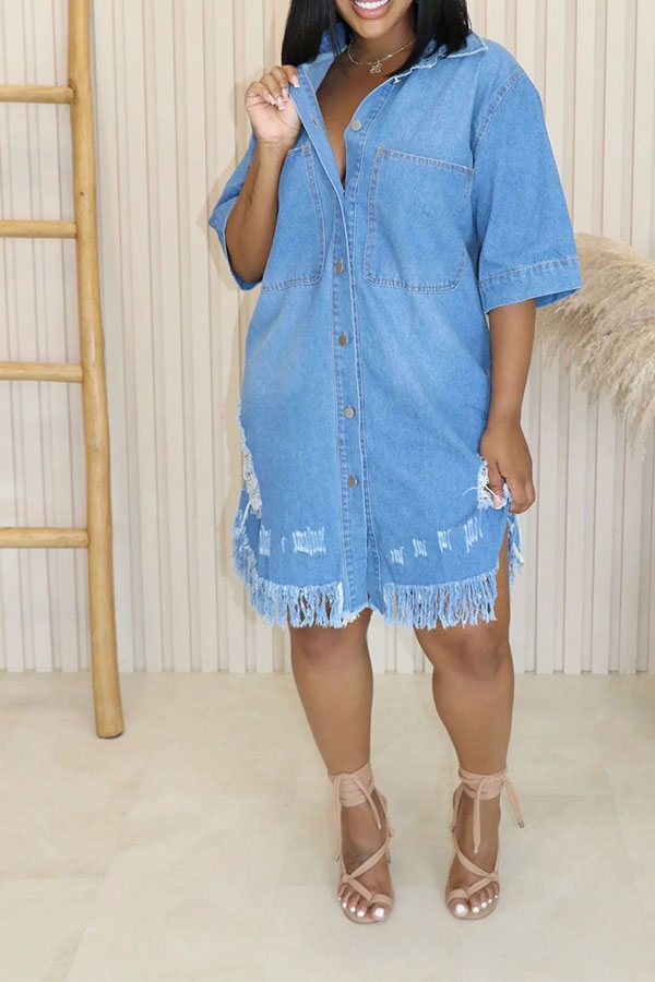 Ripped Denim Relaxed Pocket Button Midi Dress