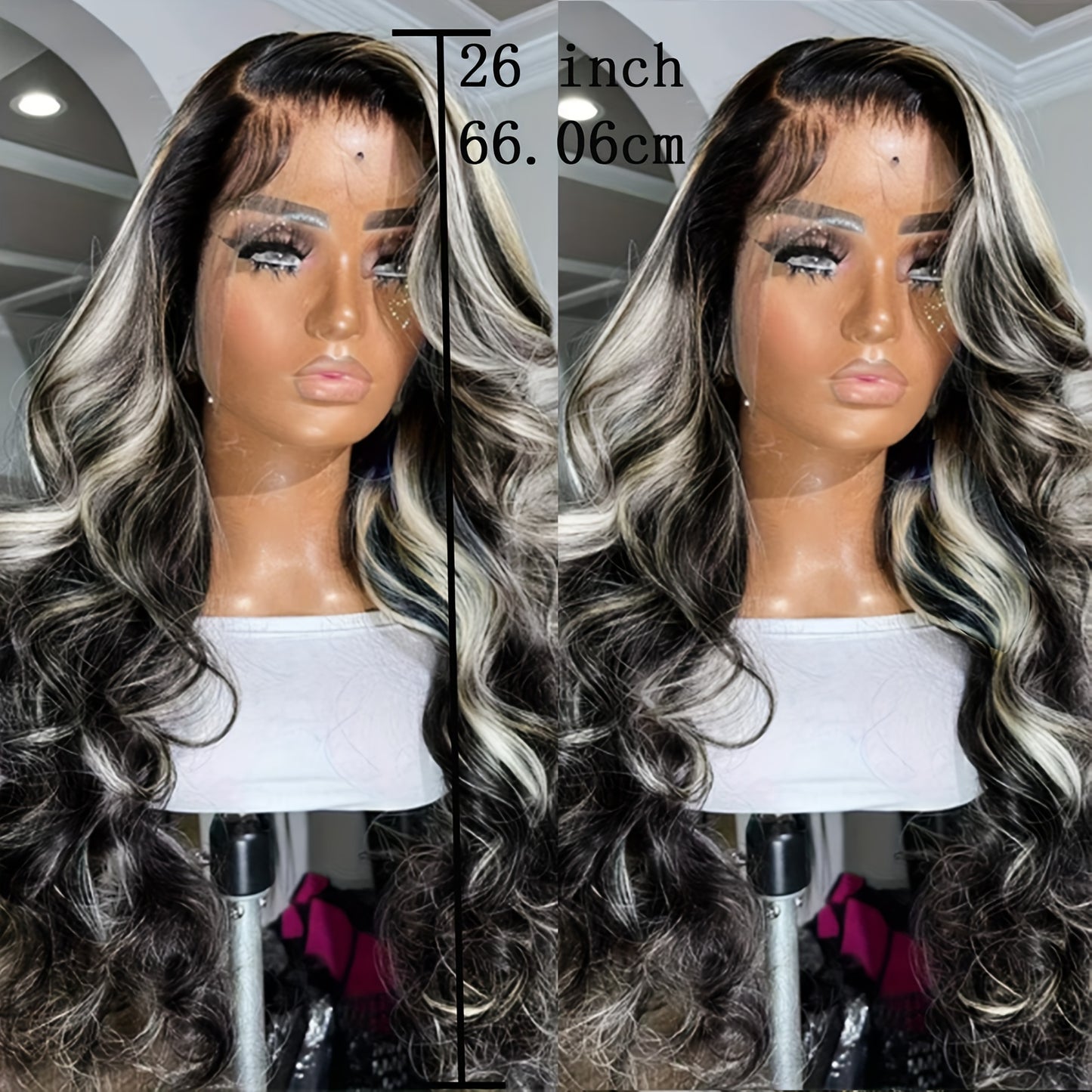 13x4 Lace Frontal Wig - Highlight Grey and Black Colored, Pre-Plucked, Glueless, Long Wavy, Half Body Wave Synthetic Hair for Black Women - Premium Quality, Natural Looking, Easy to Style