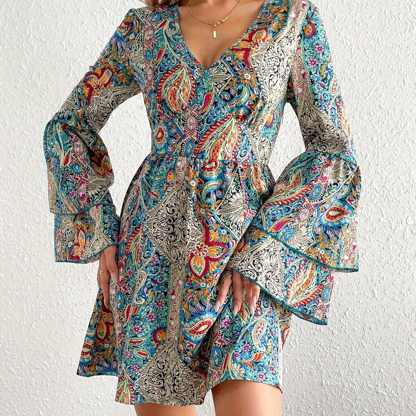 Boho-Inspired All-Season Midi Dress - Unique Floral Paisley, Durable & Easy-Care, Perfect for Every Occasion