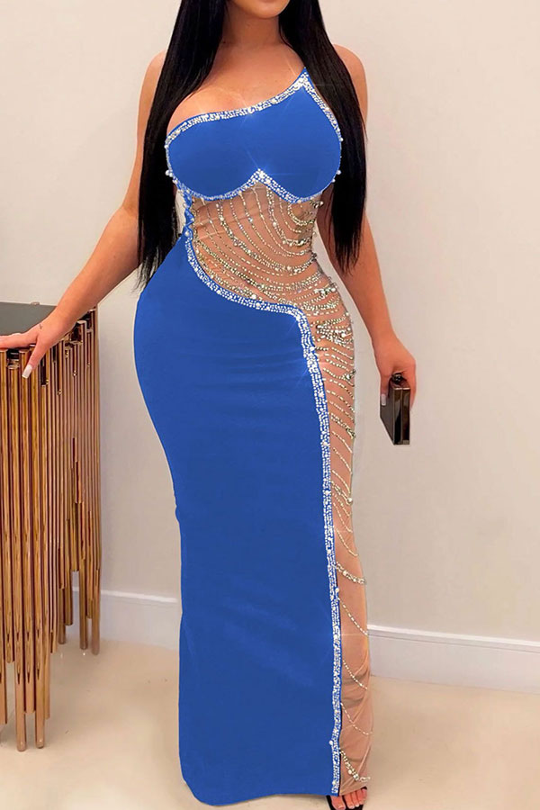 Rhinestone Trim Rocking Mesh Patchwork Maxi Dress