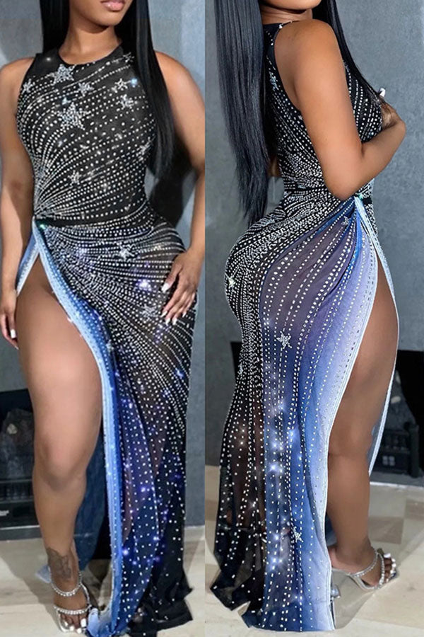 Rhinestone Party High Split See-Through Gradient Maxi Dress