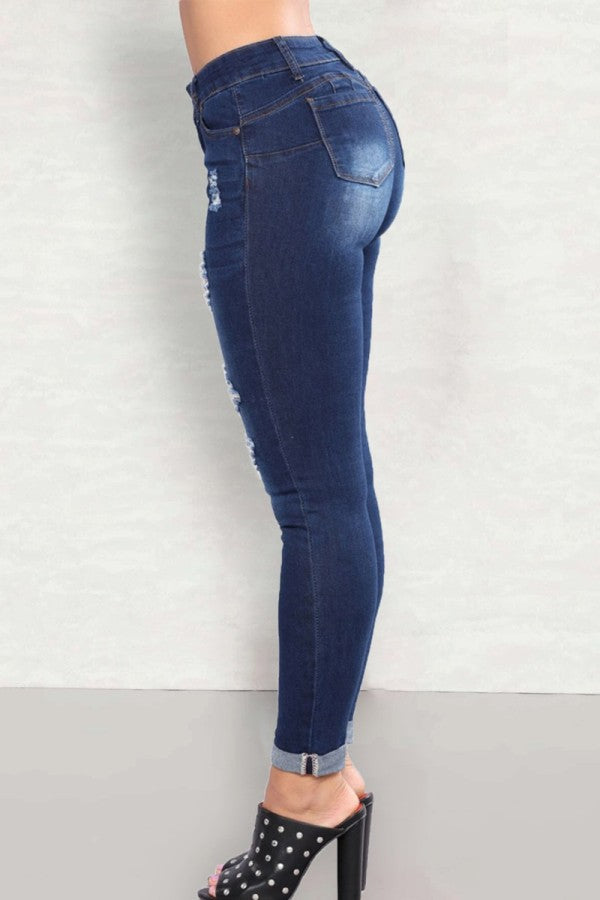 lovwvol  - Deep Blue Casual Solid Ripped High Waist Skinny Denim Jeans