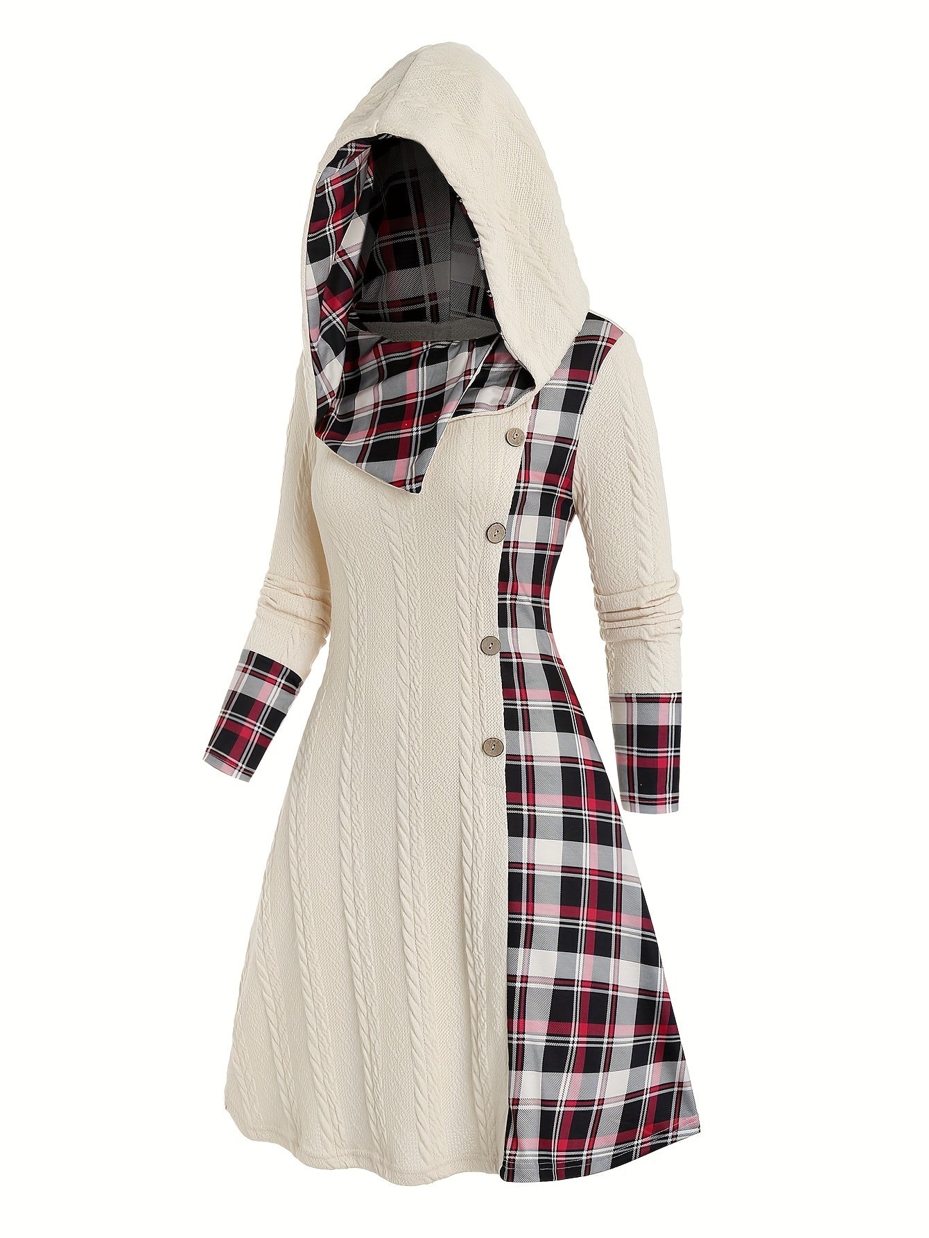 Chic Plaid Hooded Dress - Long Sleeve A-Line Style with Trendy Splicing - Perfect Casual Wear for Women - Autumn/Winter Fashion Staple