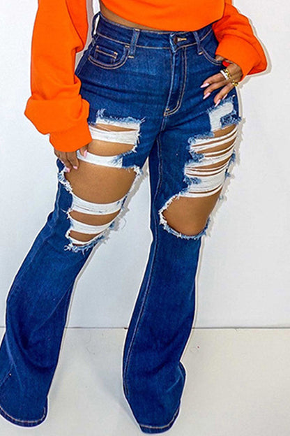 lovwvol  - Deep Blue Fashion Casual Solid Ripped High Waist Regular Denim Jeans