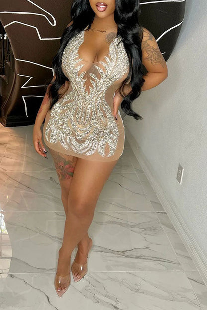 Rhinestone Retro Cross Halter See-Through Mini Dress